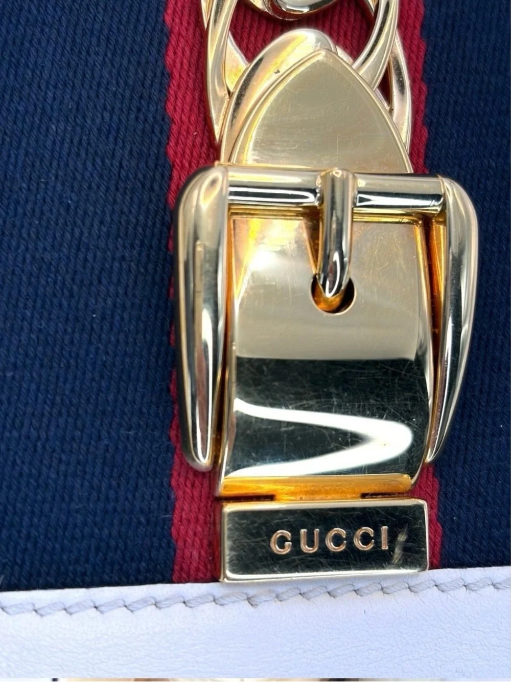 Gucci Cream Leather Sylvie Top-Handle Satchel with Blue and Red Web Stripe